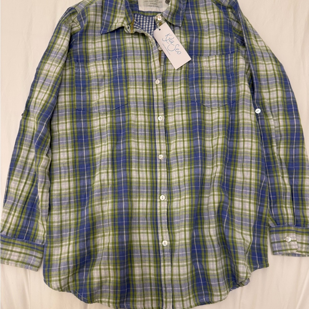 NWT Kyla Seo Anthropologie Womens Size Small Shirt Cotton Plaid Button Long Slv